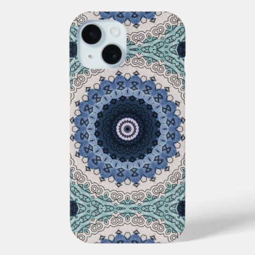Blue and beige Mandala Kaleidoscope Medallion iPhone 15 Case
