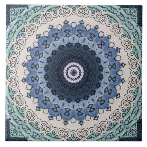 Blue and beige Mandala Kaleidoscope Medallion Ceramic Tile