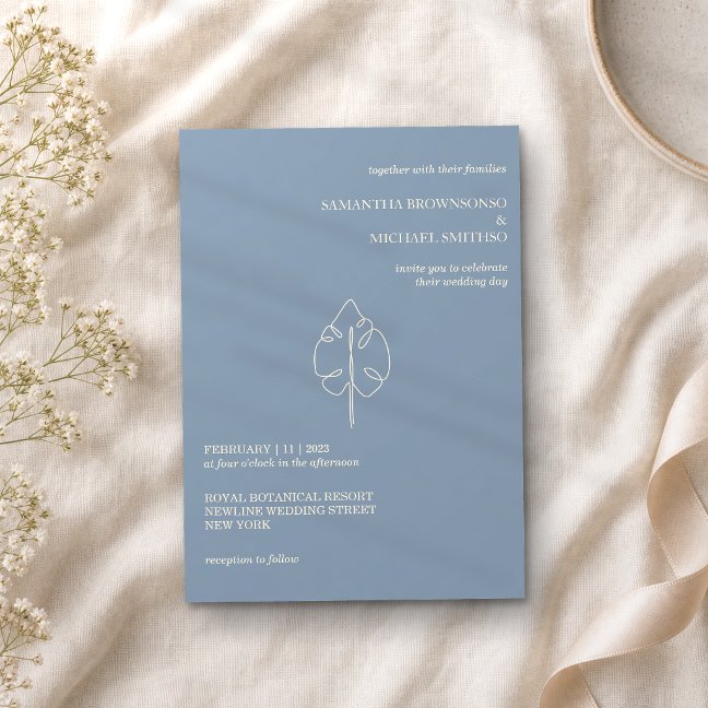 Blue and Beige Minimalist Palm Leaf Invitation