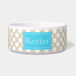Blue And Beige Polka Dots Pattern With Name<br><div class="desc">Cute and chic white polka dots pattern on a beige background color. There is also a customizable text area for your pet's name on a blue background.</div>