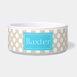 Blue And Beige Polka Dots Pattern With Name Bowl<br><div class="desc">Cute and chic white polka dots pattern on a beige background color. There is also a customizable text area for your pet's name on a blue background.</div>