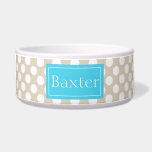 Blue And Beige Polka Dots Pattern With Name Bowl<br><div class="desc">Cute and chic white polka dots pattern on a beige background color. There is also a customizable text area for your pet's name on a blue background.</div>