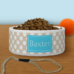 Blue And Beige Polka Dots Pattern With Name Bowl<br><div class="desc">Cute and chic white polka dots pattern on a beige background color. There is also a customizable text area for your pet's name on a blue background.</div>