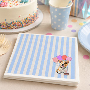 Blue And Beige Striped Corgi Birthday Party  Napkins