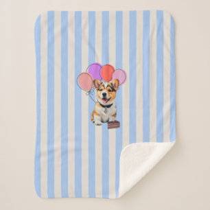 Blue And Beige Striped Corgi Birthday Party Sherpa Blanket