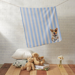 Blue And Beige Striped Playful Corgi Dog Lovers Baby Blanket