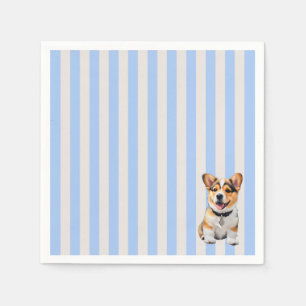 Blue And Beige Striped Playful Corgi Dog Lovers Napkins