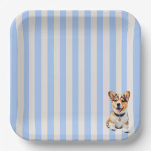 Blue And Beige Striped Playful Corgi Dog Lovers Paper Plates