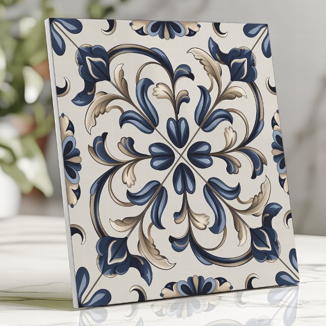 Blue and Beige Vintage Floral Scroll  Ceramic Tile (Creator Uploaded)