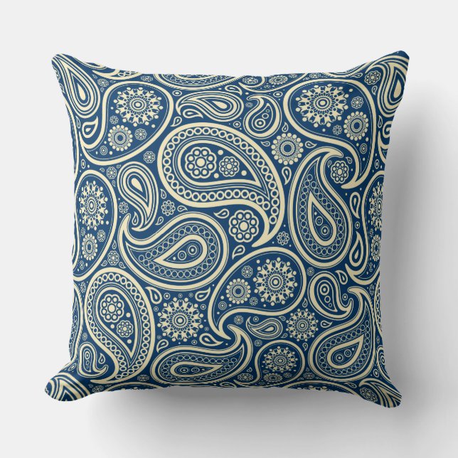Blue And Beige Vintage Paisley Pattern Throw Pillow (Front)