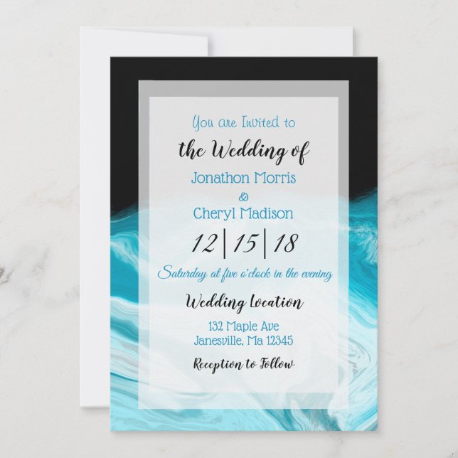 Blue and Black Abstract Fluid Art Wedding  Invitation (Front)
