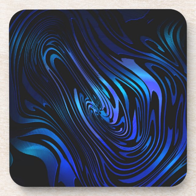 Blue and Black Abstract Swirl Art Beverage Coaster (Front)