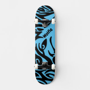 Blue and Black Abstract Tribal Wolf with Name Skat Skateboard