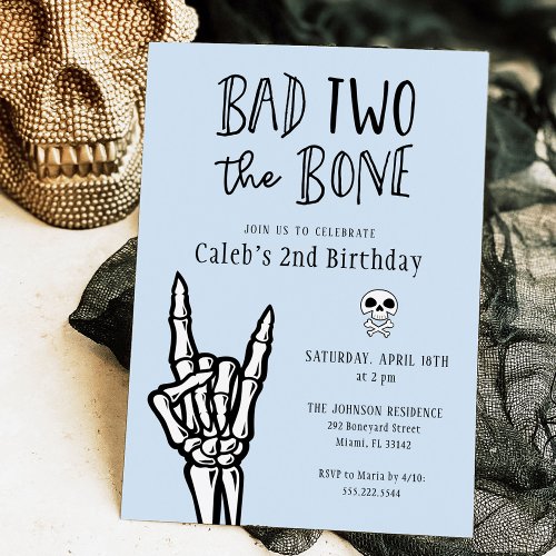 Blue and Black Bad Two The Bone 2nd Birthday Party Invitation