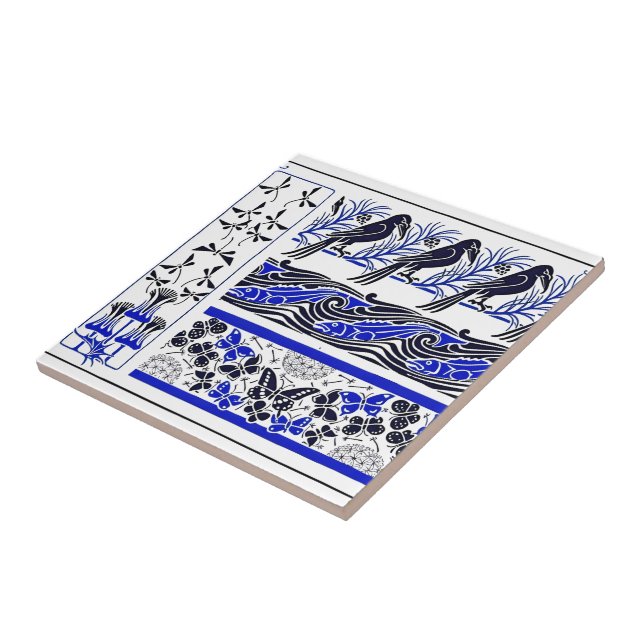 blue and black Birds fish Butterfly art pattern Ceramic Tile (Side)