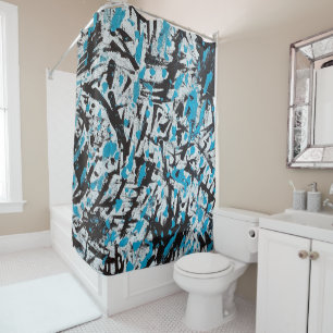 Blue and Black Brush marks Abstract Shower Curtain
