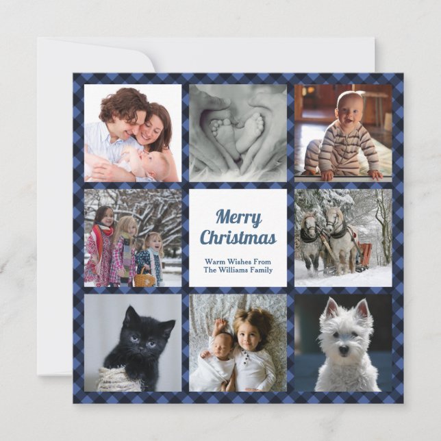 Blue and Black Buffalo Check Eight Custom Photos Holiday Card (Front)