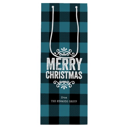 Blue and Black Buffalo Check Rustic Christmas Wine Gift Bag