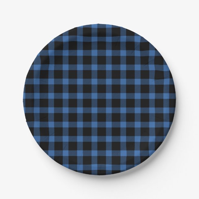 Blue And Black Buffalo Plaid Holiday Paper Plates (Front)