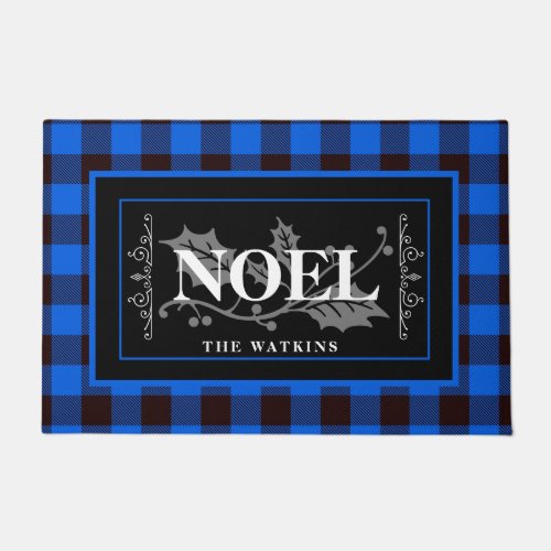Blue and Black Buffalo Plaid NOEL Personalized Doormat