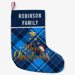 Blue and Black Buffalo Plaid Personalized Name  Small Christmas Stocking
