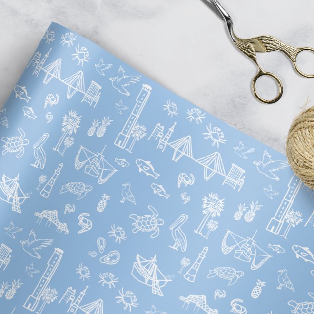 Blue and Black Charleston Toile Wrapping Paper Sheets (Charleston Toile Gift Wrap)