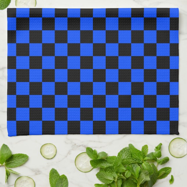 Blue and black checkerboard pattern kitchen towel (Folded)