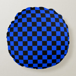 Blue and black checkerboard pattern round pillow