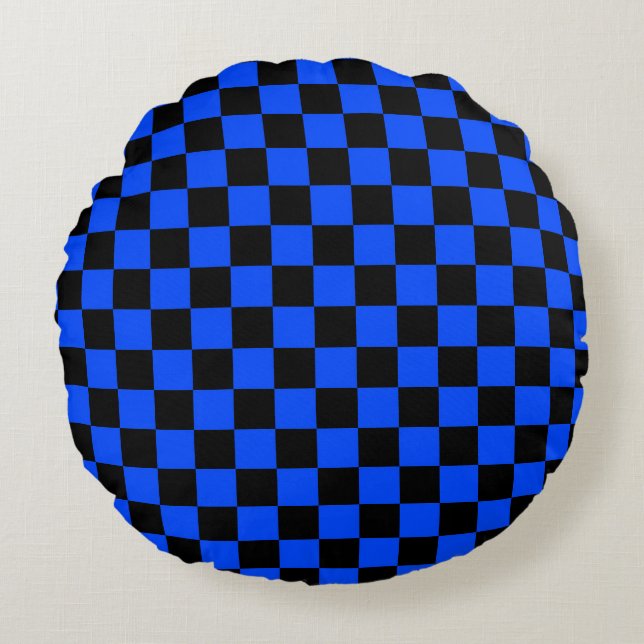 Blue and black checkerboard pattern round pillow (Front)