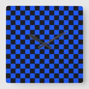 Blue and black checkerboard pattern square wall clock