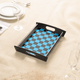 Blue and Black Checkered Print Serving Tray