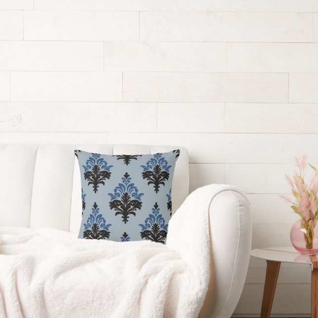 Blue and Black Classic Damask style  Throw Pillow (Couch)
