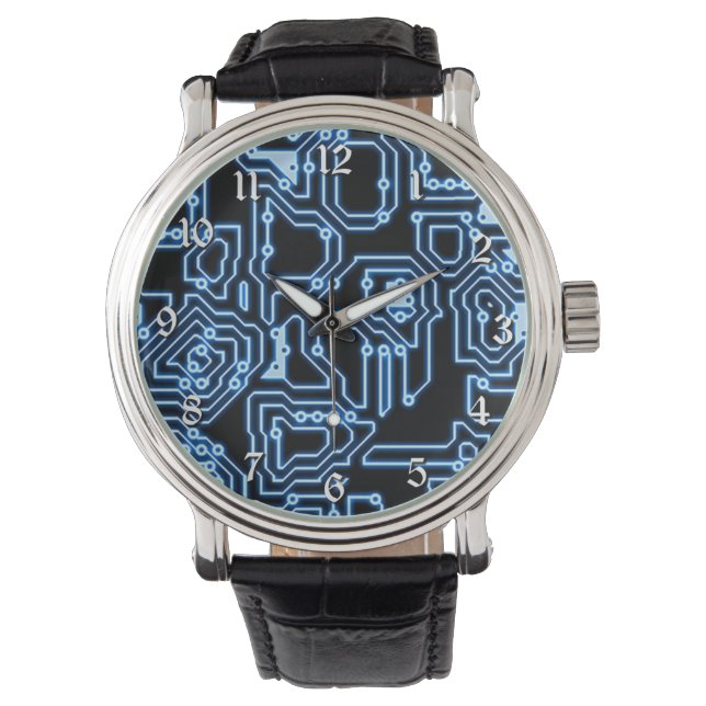 Blue and Black Computer Circuits Wrist Watch (Front)