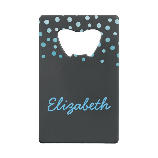 Blue and black confetti credit card bottle opener (Front)