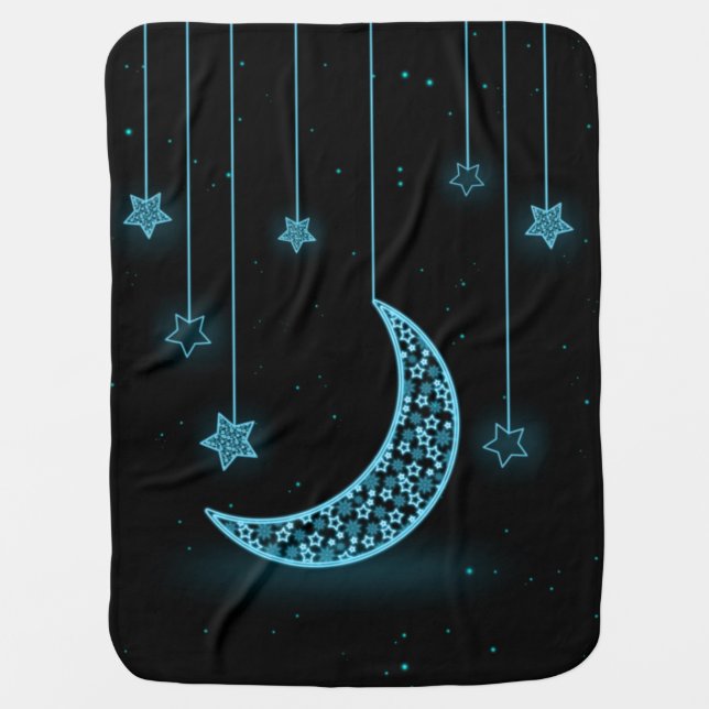 Blue and Black Crescent Moon and Stars Baby Blanket (Front)