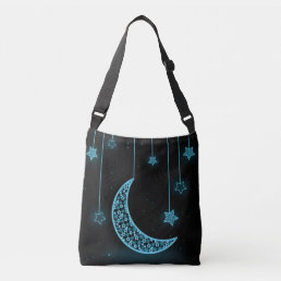 Blue and Black Crescent Moon and Stars Crossbody Bag
