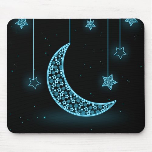 Blue and Black Crescent Moon and Stars Mouse Pad