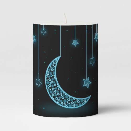 Blue and Black Crescent Moon and Stars Pillar Candle