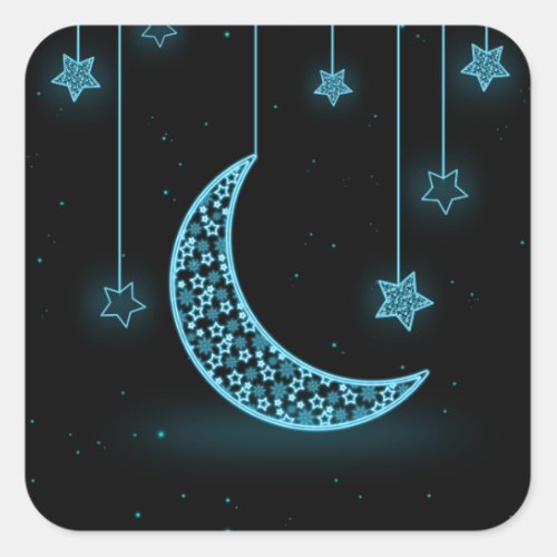 Blue and Black Crescent Moon and Stars Square Sticker