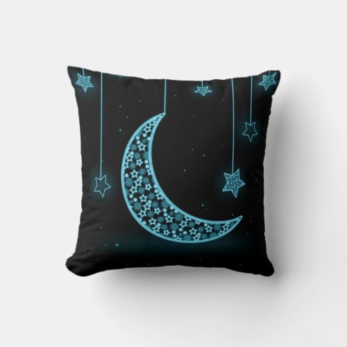 Blue and Black Crescent Moon and Stars Throw Pillow