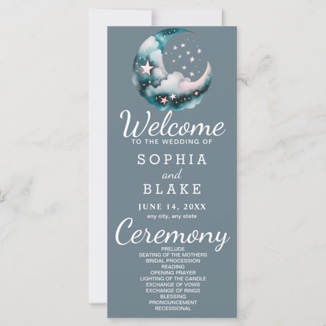 Blue and Black Crescent Moon Wedding Program (Front)