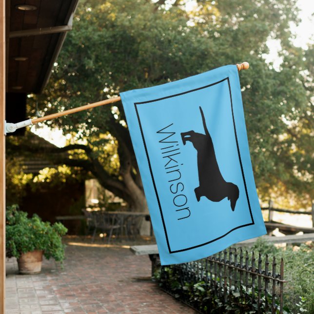 Blue and Black Dachshund Family Name House Flag (In SItu)