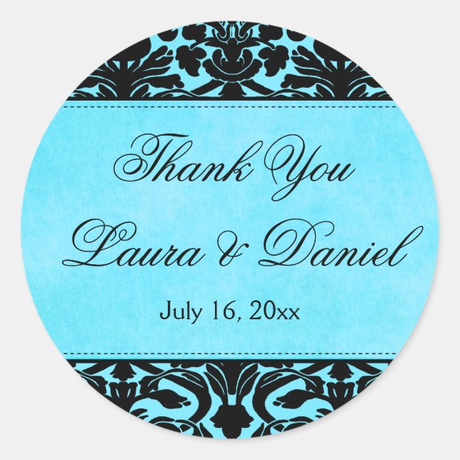 Blue and Black Damask 1.5" Thank You Sticker (Front)