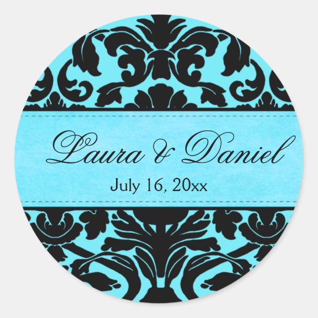 Blue and Black Damask 1.5" Wedding Sticker (Front)