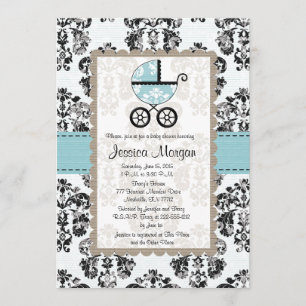 Blue and Black Damask Baby Shower Invitations