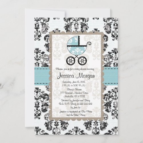 Blue and Black Damask Baby Shower Invitations
