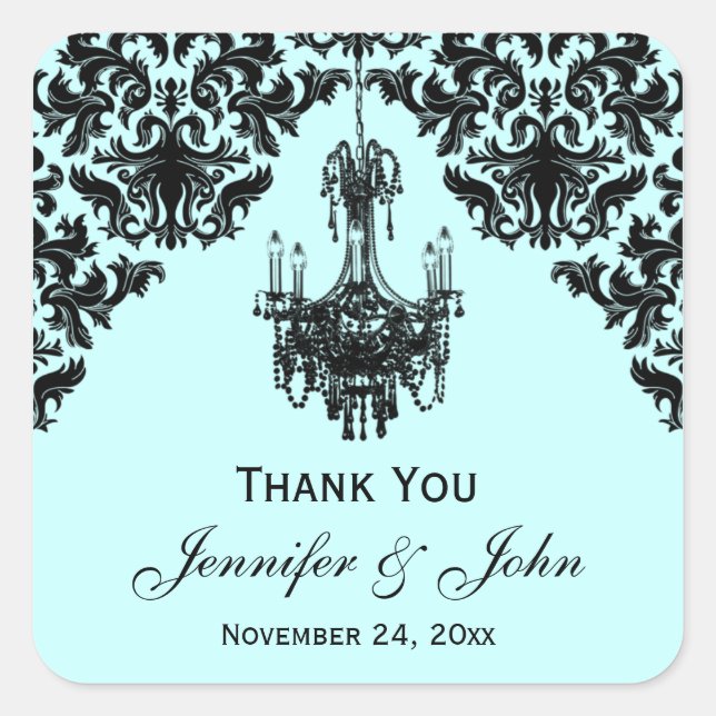 Blue and Black Damask Chandelier Favor Sticker (Front)