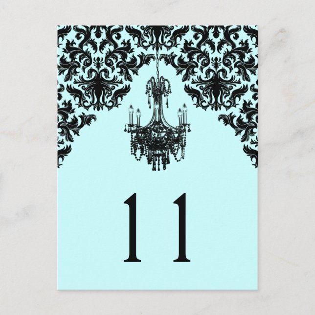 Blue and Black Damask Chandelier Table Number (Front)