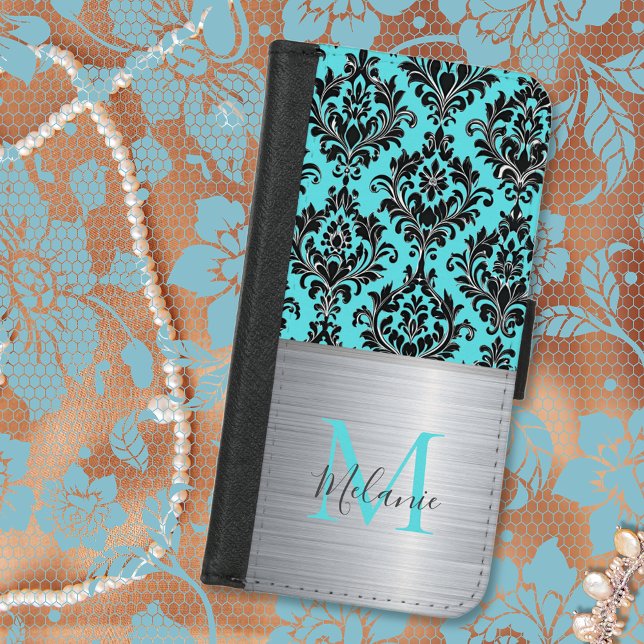 blue and black Damask metal monogram  iPhone Wallet Case (Creator Uploaded)