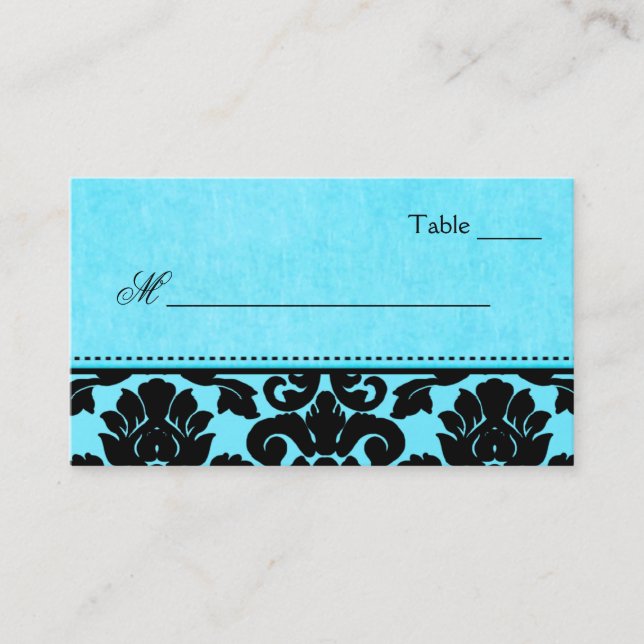 Blue and Black Damask Place Cards (Front)